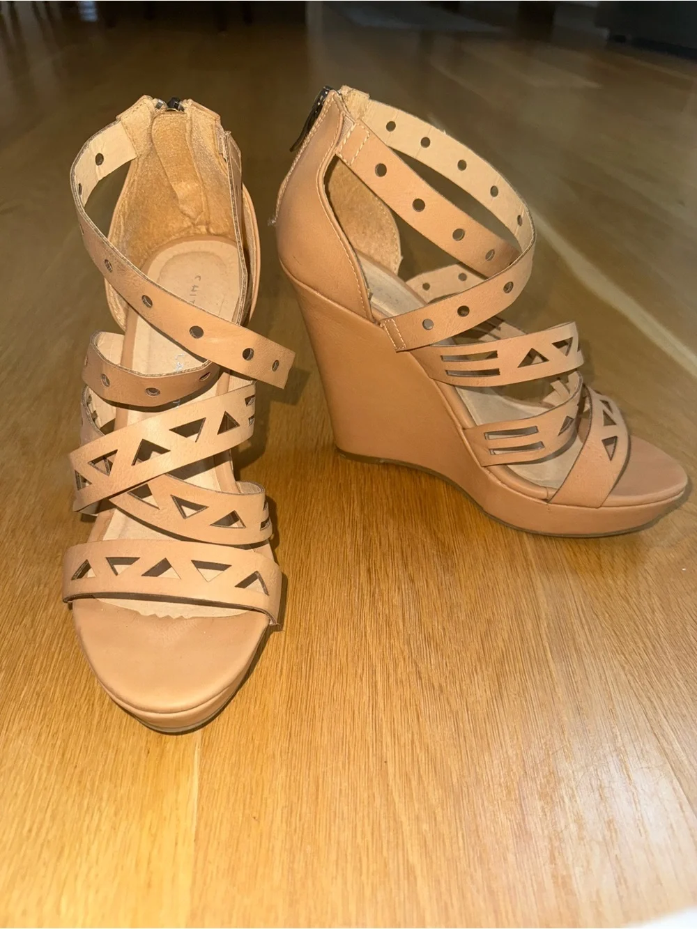 Chinese Laundry Tan Strappy Cutout Wedge Sandals